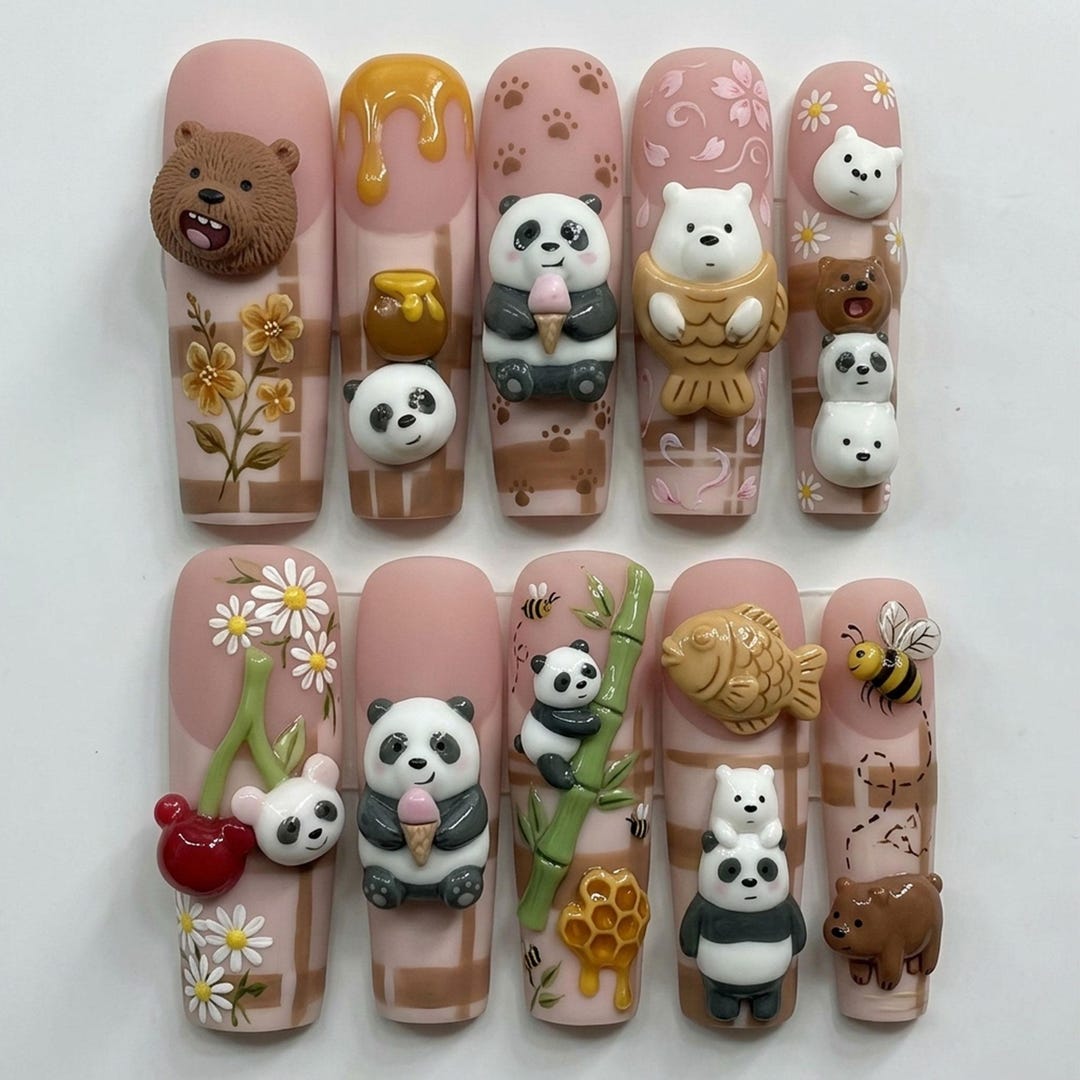 Cute Panda Bear 3D Press on Nails - Kawaii Rilakkuma Honey Ice Cream ...