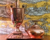 Antique copper and wood ca 1900 Russian samovar with tray and accessories, paired with vintage large copper and wood teapot from Portugal