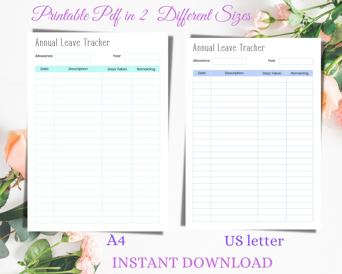 Printable Annual Leave Tracker Annual Leave Sheet Work Etsy