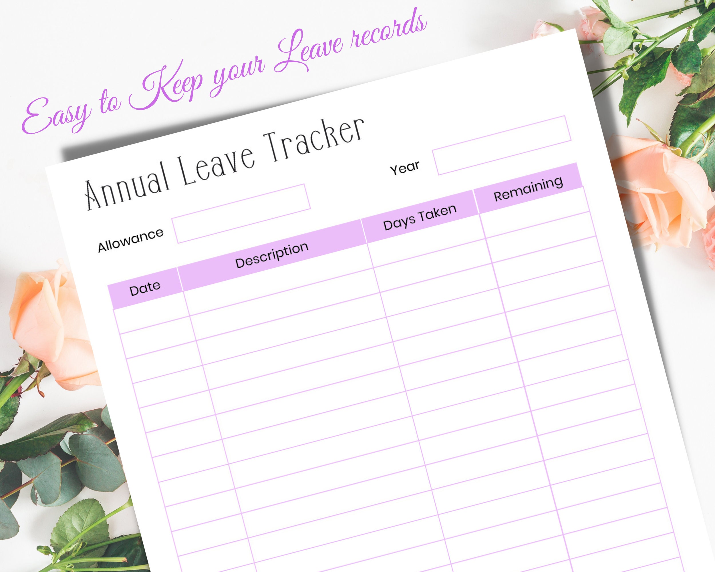 Printable Annual Leave Tracker Annual Leave Sheet Work Etsy
