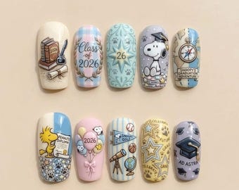 Graduation 2026 Press on Nails | Snoopy Class of 2026 Fake Nails | Cute Grad Cap Nail Art | Celebration School Gift | Custom Study Nails