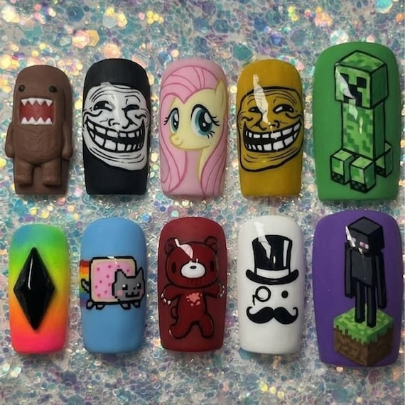 Retro Meme Press On Nails | Funny Internet False Nails | Gaming Pixel Art Fake Nails | Cute Cartoon Custom Nails
