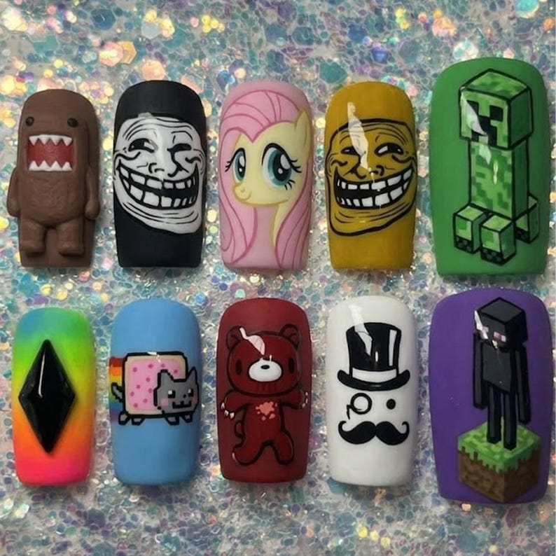 Retro Meme Press On Nails | Funny Internet False Nails | Gaming Pixel Art Fake Nails | Cute Cartoon Custom Nails image 1
