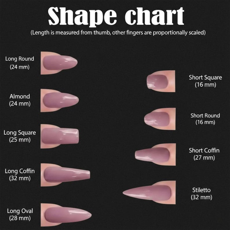 May include: A nail shape chart featuring mauve-colored nail tips in various styles including Long Round (24 mm), Almond (24 mm), Long Square (25 mm), Long Coffin (32 mm), Long Oval (28 mm), Short Square (16 mm), Short Round (16 mm), Short Coffin (27 mm), and Stiletto (32 mm).