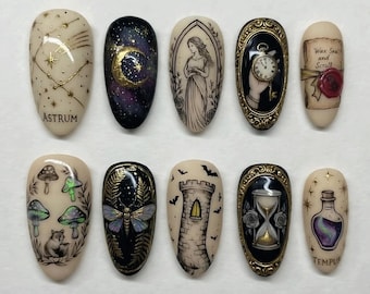 Mystische Dark Academia künstliche Fingernägel | Vintage-Gothic-Sanduhr-Design | Nageldesign mit Zaubertrankschloss | Himmlische Hexennägel