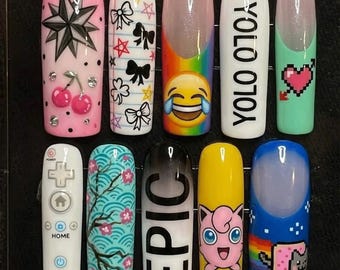 Y2K-Meme-Kunstnägel | Nostalgie-Kunstnägel der 2000er | Lustige Gamer-Nägel | Niedliche Gelnägel im Jigglypuff-, Wii- und Nyan-Cat-Stil