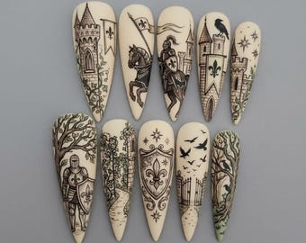 Handmade Medieval Castle Nails | Knight, Shield, Raven & Fortress Art | Gothic Fantasy Press On Nails