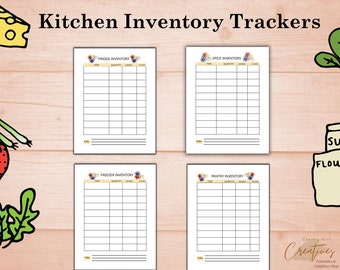 May include: Four printable kitchen inventory trackers with floral designs. The trackers are for fridge, freezer, spice, and pantry inventory. Each tracker has columns for item, quantity, units, and notes.