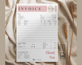Può includere: Una fattura bianca con un'intestazione rosa che dice "INVOICE" e un cerchio rosa con il testo "Your Logo". La fattura include una sezione "Bill to", un elenco dettagliato dei prodotti con quantità, prezzi unitari e totali di riga, metodi di pagamento e un messaggio di ringraziamento.