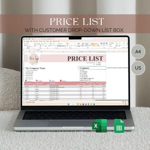 Puede incluir: Una pantalla de computadora portátil que muestra una hoja de cálculo con el título "PRICE LIST" y el texto "WITH CUSTOMER DROP-DOWN LIST BOX". La hoja de cálculo incluye columnas para "Company", "Item", "Price" y "Quantity".