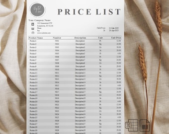Può includere: Un listino prezzi in bianco e nero con il titolo "PRICE LIST" e una tabella che elenca i nomi dei prodotti, i numeri, le descrizioni, le unità e i prezzi unitari. La tabella elenca 30 prodotti con prezzi che vanno da 4,00 € a 50,00 €.