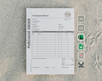 Può includere: Un modulo di ordine di acquisto bianco con il titolo "PURCHASE ORDER" in grassetto nero. Il modulo include campi per il nome della società, il fornitore, la spedizione a, l'articolo, la quantità, il prezzo unitario e il totale. Il modulo include anche una sezione per commenti o istruzioni speciali.