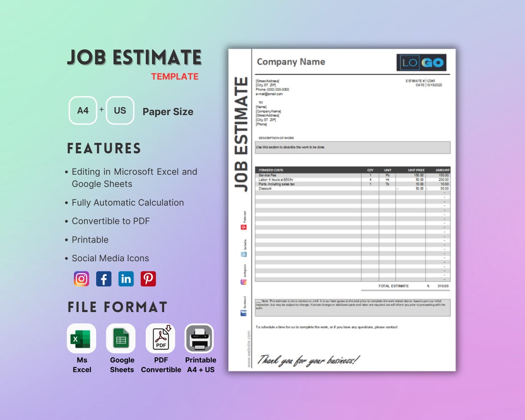 Job Estimate Template, Google Sheets, Microsoft Excel, PDF Convertible ...