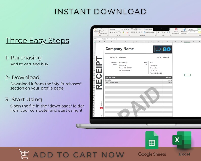 Receipt Template Google Sheets and Microsoft Excel, Convertible PDF ...