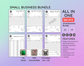 Può includere: Un set di sei modelli di piccole imprese stampabili in Microsoft Excel e Google Sheets. I modelli includono una fattura, un preventivo, una ricevuta, un listino prezzi, un ordine di acquisto e una stima di lavoro. I modelli sono progettati per carta A4 e includono funzionalità come aliquote IVA regolabili, più opzioni di valuta e icone di social media.