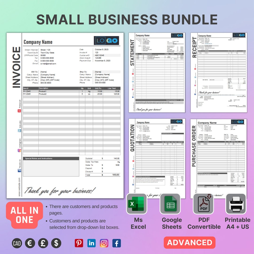 Set of 5 Small Business Bundle (excel+google Sheets), Invoice, Quote ...