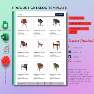 Product catalog template, excel and Google spreadsheets, 9 design, unlimited PDF page, boutique catalog, wholesale and retail catalog