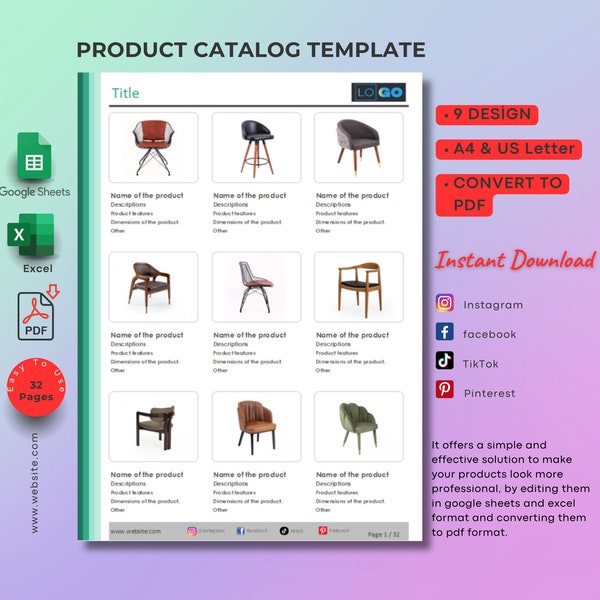 Product catalog template, excel and Google spreadsheets, 9 design, unlimited PDF page, boutique catalog, wholesale and retail catalog