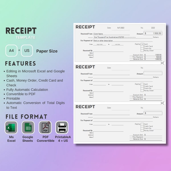 Receipt Template Excel and Google Sheets, Convertible PDF, Receipt Form, For Small Business, Printable, Editable, auto receipt