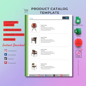 Modèle de catalogue de produits, feuilles de calcul Excel et Google, 4 modèles verticaux, PDF illimité, catalogue boutique, catalogue de gros et de détail