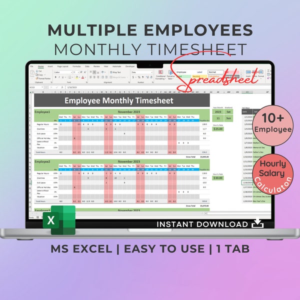 Monthly Timesheet for Multiple Employees, Employee Spreadsheet, Salary Calculator, Microsoft Excel, HR, Form, 10 employees