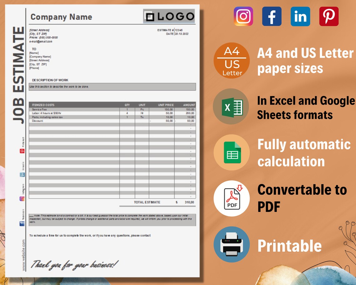 Job Estimate Template Google Sheets Microsoft Excel PDF Etsy