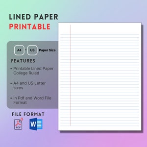 Carta a righe stampabile, College Ruled, A4, US Letter, PDF, Microsoft Word, 7,1 mm