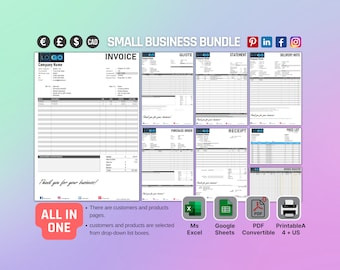 Set of 8 Small Business Bundle, Advanced, Google Sheets, Microsoft Excel, Convertible PDF, set in A4 and US Letter sizes, Printable.