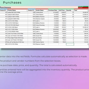 May include: A spreadsheet with a list of purchases for various products, including laptops, printers, and fax machines. The spreadsheet includes columns for product ID, product name, vendor ID, vendor name, purchase date, unit price, quantity, and total.