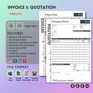 Puede incluir: Una plantilla en blanco y negro para una factura y una cotización. La plantilla incluye un espacio reservado para el logotipo, el nombre de la empresa, la fecha, la información del cliente, las descripciones de los artículos, la cantidad, el precio unitario, el importe, el subtotal, el tipo de IVA, el IVA, el descuento, el total, notas e instrucciones especiales, y una línea de firma. La plantilla está disponible en los formatos Microsoft Excel, Google Sheets, PDF e imprimible. La plantilla es compatible con los tamaños de papel A4 y US.