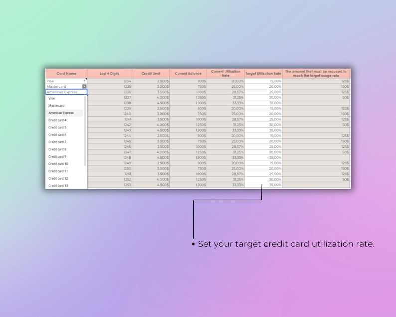 Credit Card Utilization Tracker: Excel Spreadsheet Template (digital