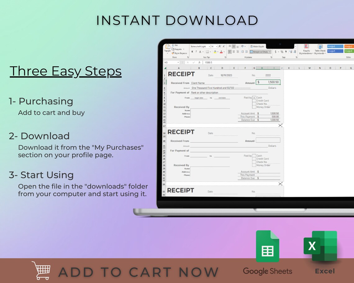 Receipt Template Excel and Google Sheets, Convertible PDF, Receipt Form ...