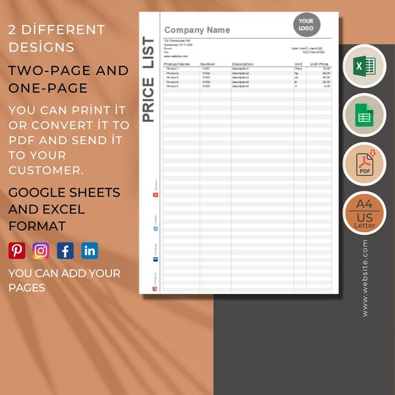 Price List Template Google Sheets Microsoft Excel PDF - Etsy