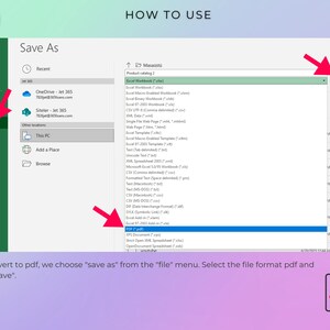 May include: A screenshot of a Microsoft Excel window showing the "Save As" dialog box. The dialog box lists various file formats, including PDF. The text "To convert to pdf, we choose "save as" from the "file" menu. Select the file format pdf and click "save" is displayed below the screenshot.