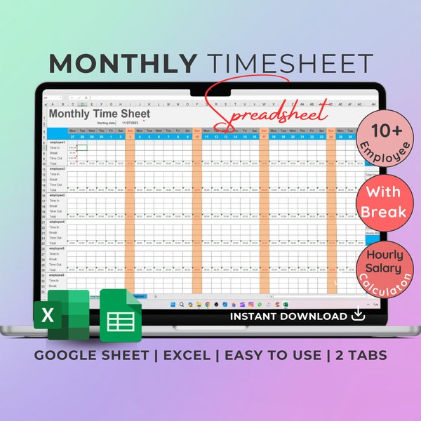 Monthly Timesheet for Multiple Employees, Employee Table, With Break, Salary Calculator, Microsoft  Excel, Google Spreadsheets, HR, Form