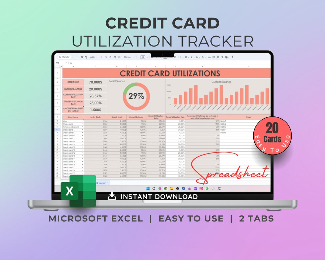 Credit Card Utilization, Ms Excel, Credit Card Tracker, Spreadsheet Credit Card Utilization, Ms Excel, Credit Card Tracker, Spreadsheet