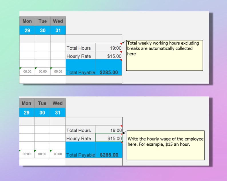 Monthly Timesheet for Multiple Employees, Employee Table, With Break