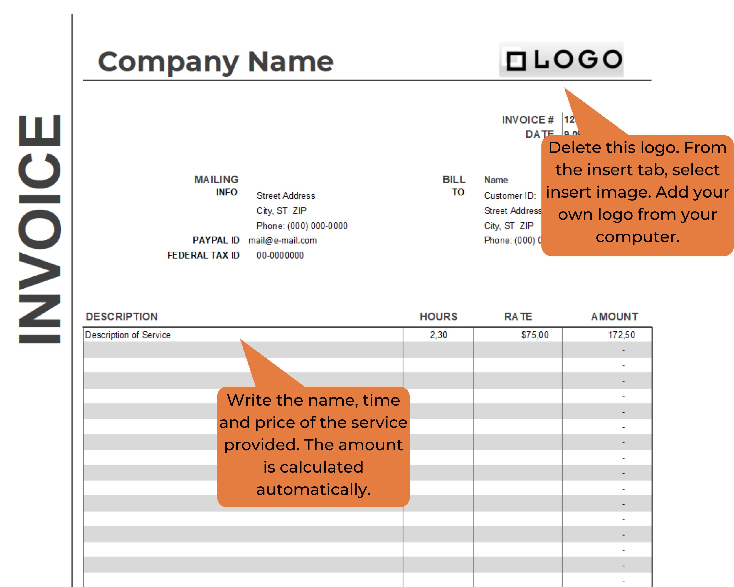 Hourly Invoice Template Excel and Google Sheets Convertible - Etsy