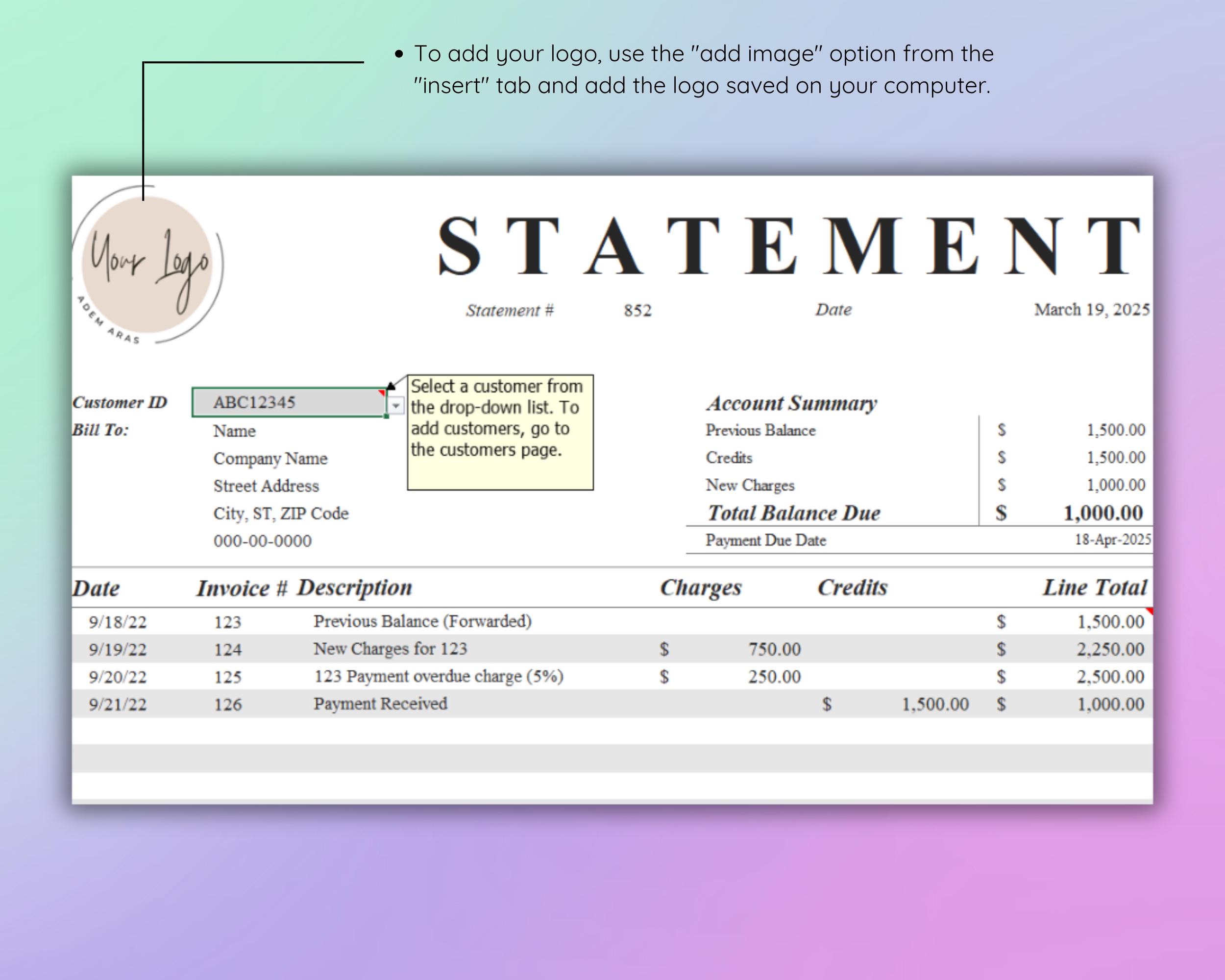 Customer Account Statement Template: Excel & Google Sheets (digital ...
