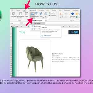 May include: A green velvet chair with gold legs. The chair is shown in a spreadsheet program with a title that says "Title". The image shows how to add a product image to a spreadsheet.