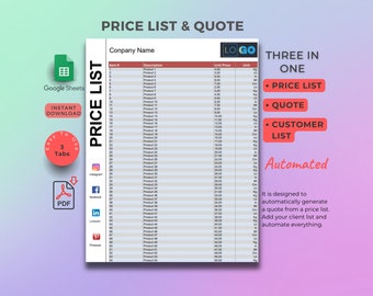 Può includere: Un modello di listino prezzi e preventivo per Google Sheets. Il modello è progettato per generare automaticamente un preventivo da un listino prezzi. Include anche un elenco clienti. Il modello ha tre schede: Listino prezzi, Preventivo ed Elenco clienti. Il modello è facile da usare e ha un design semplice.