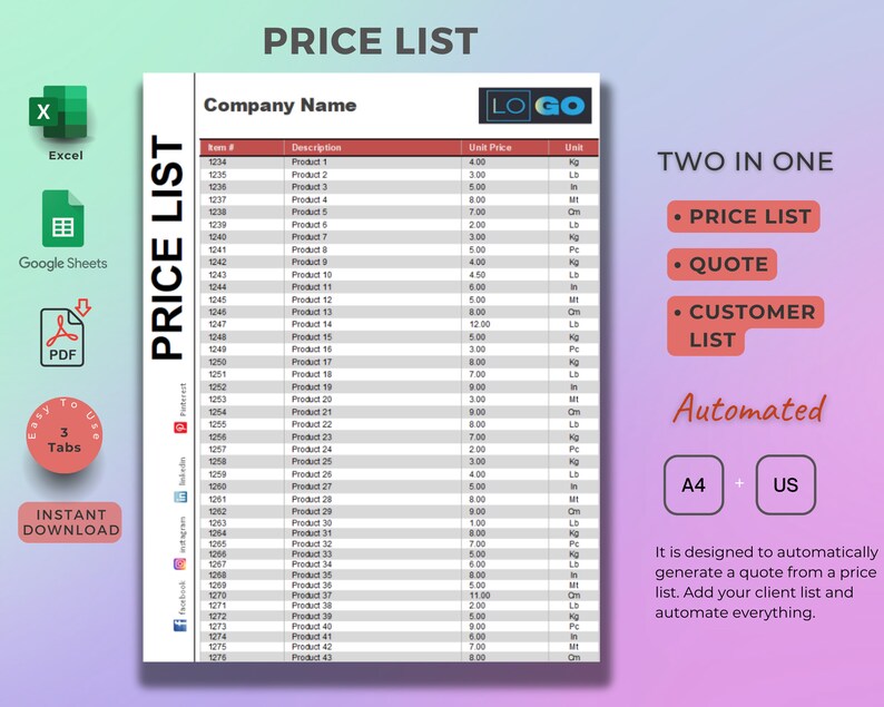 Price List Template Google Sheets Microsoft Excel PDF - Etsy