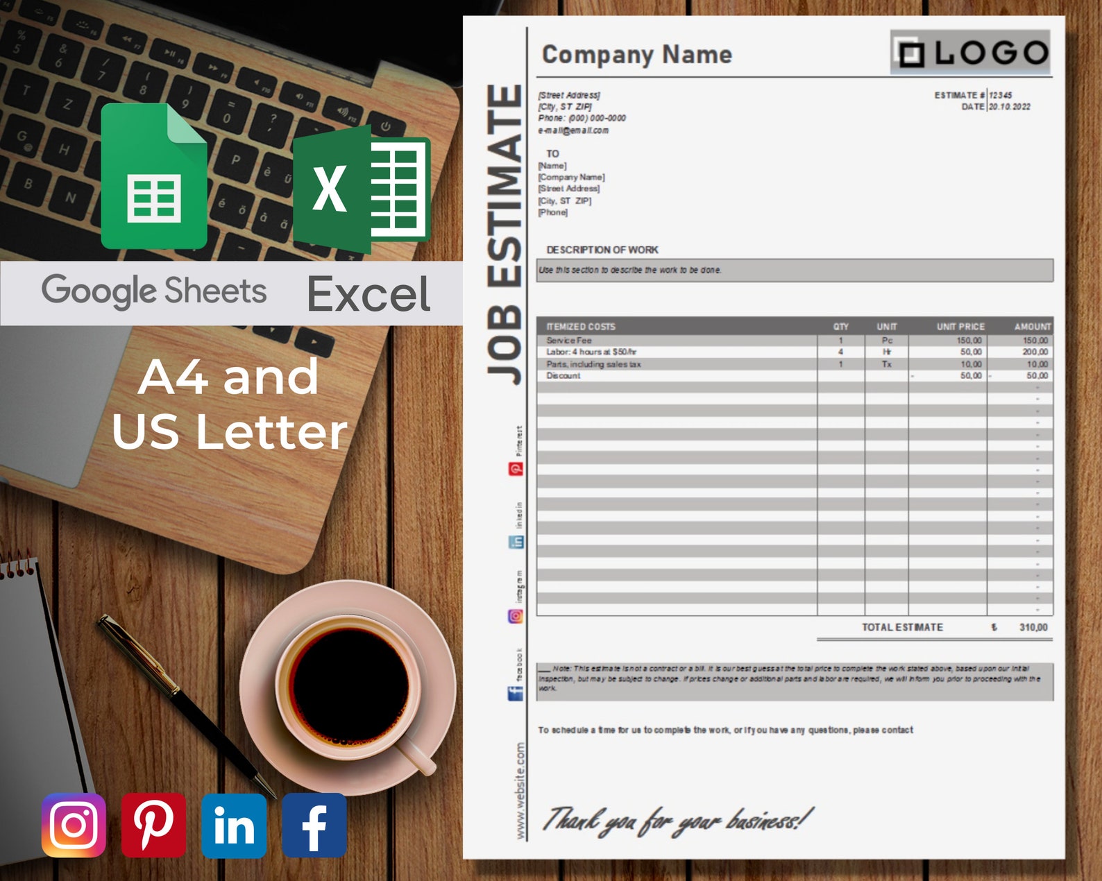 Job Estimate Template Google Sheets Microsoft Excel PDF Etsy