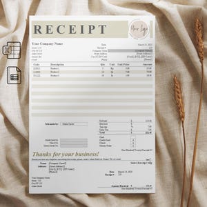 Advanced Printable and editable microsoft excel and google sheets receipt template, for small businesses, five different currencies
