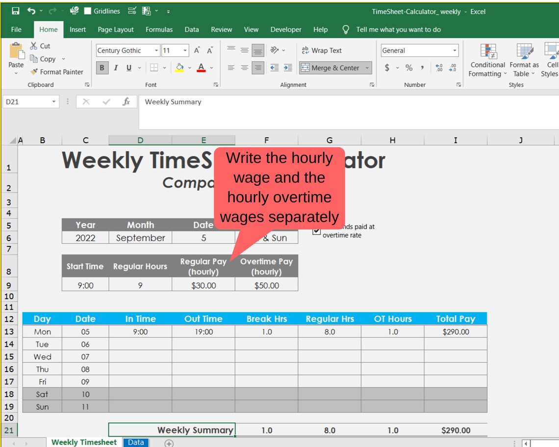 Weekly Timesheets Employee Table, With Break, Salary Calculator, Excel