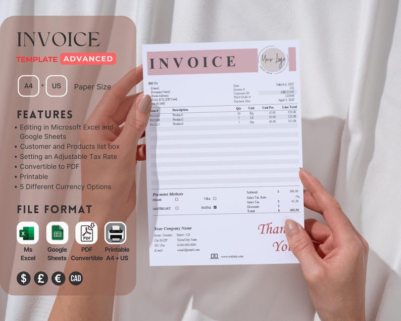 Advanced Invoice Template: Excel & Google Sheets, Printable PDF - Etsy