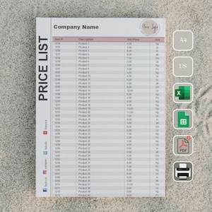 May include: A white price list template with the words "Price List" in bold black text. The template has columns for item number, description, unit price, and unit. The template also has a section for company name and logo. The template is designed for use with a spreadsheet program.