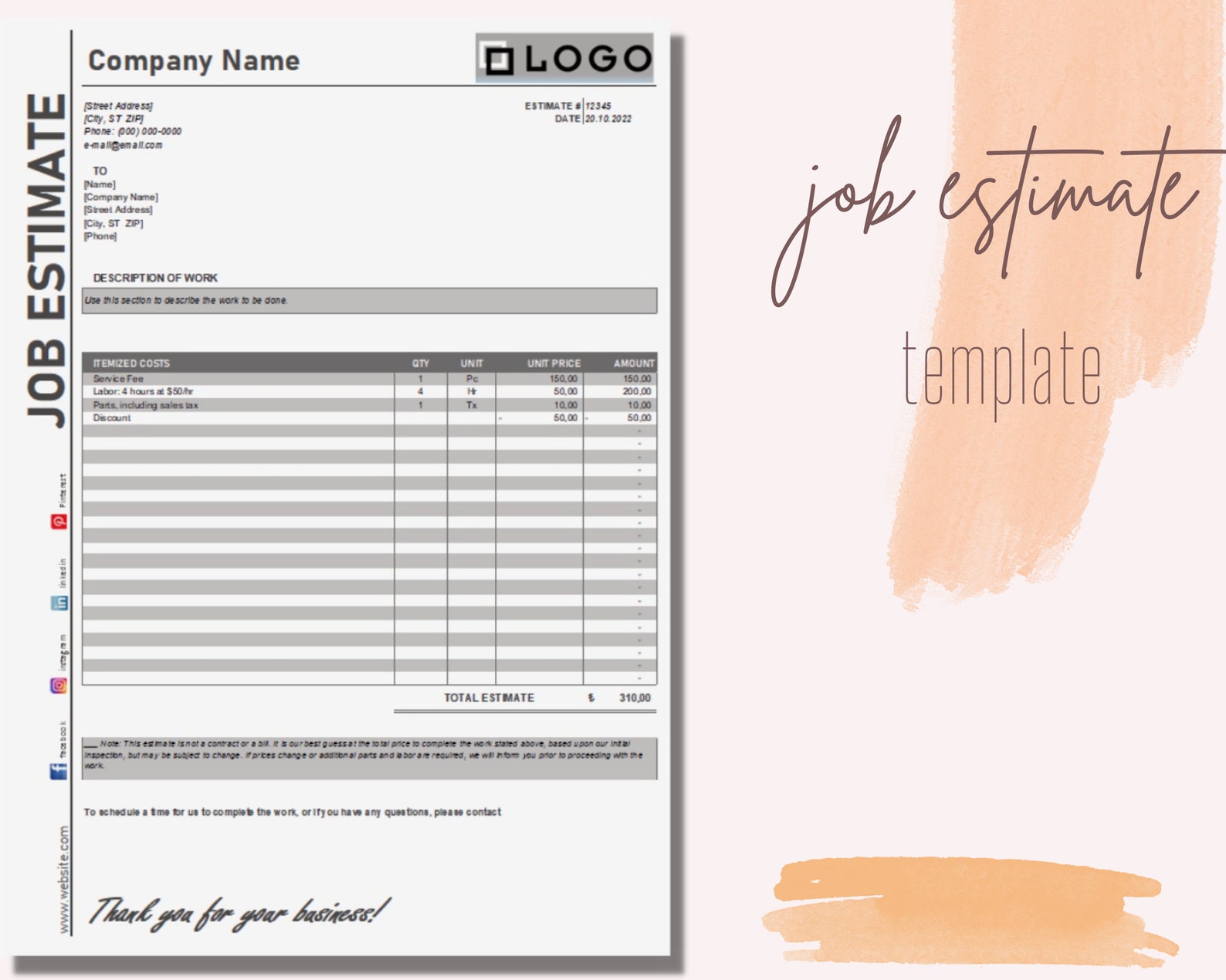 Job Estimate Template Google Sheets Microsoft Excel PDF Etsy