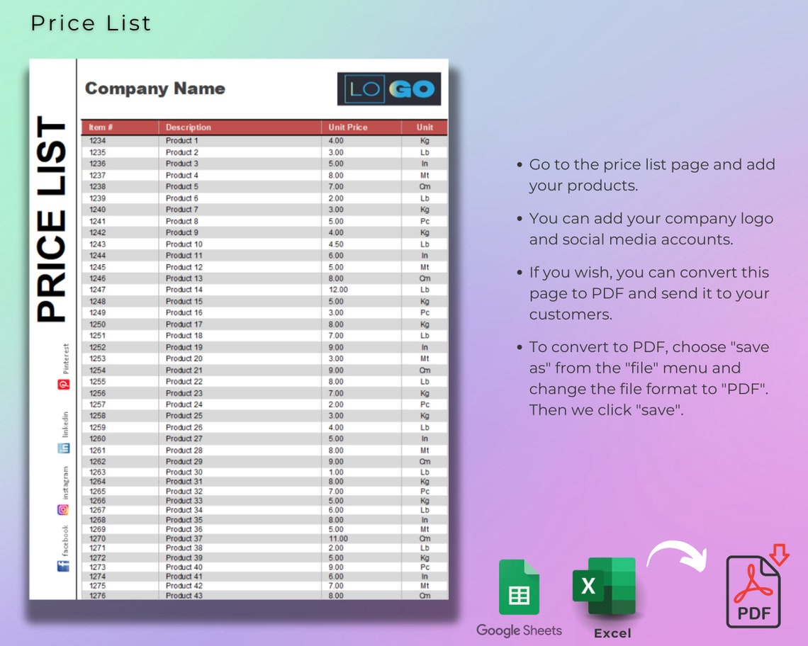 Price List Template, Google Sheets, Microsoft Excel, PDF Convertible