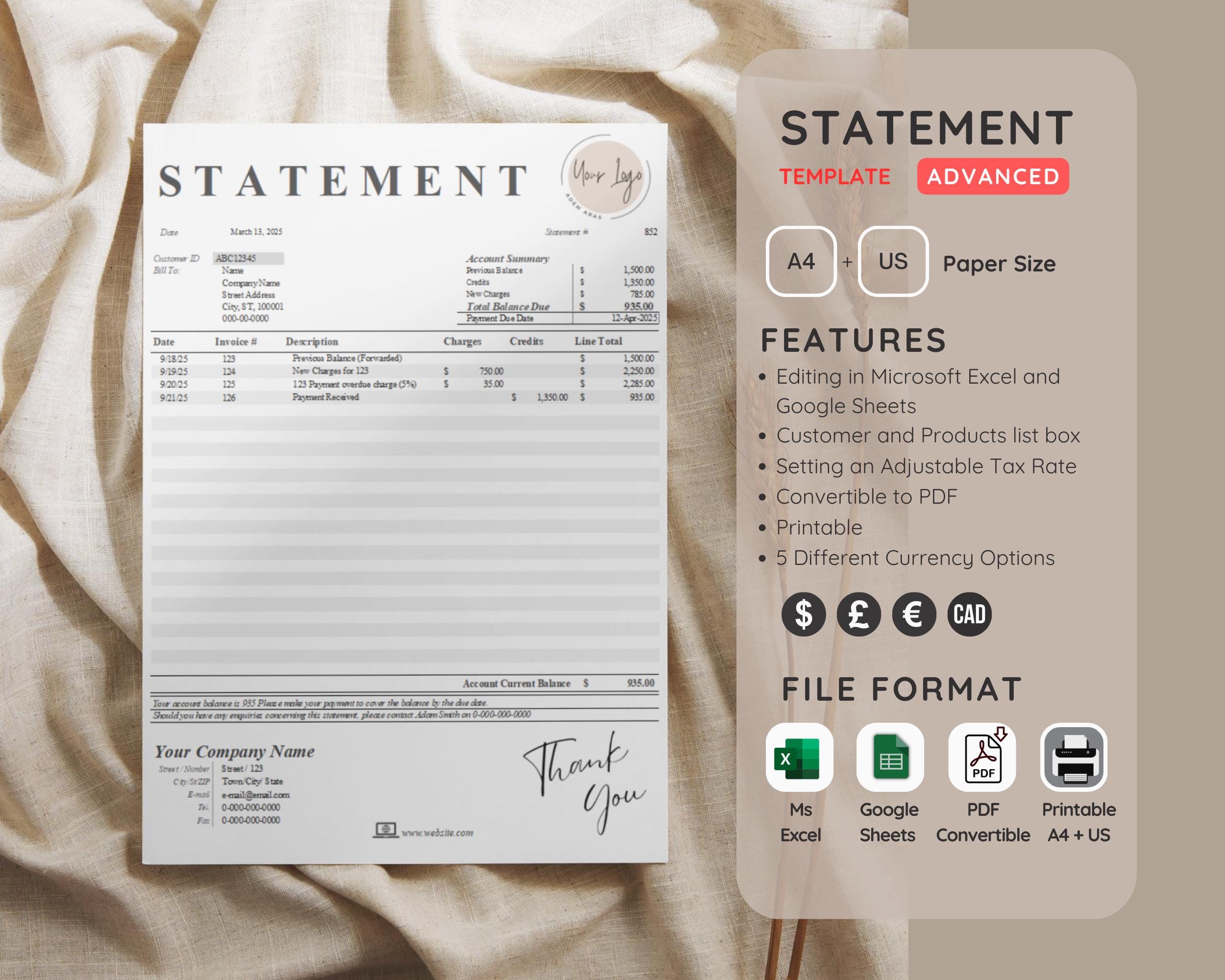 Customer Account Statement Template: Weekly/monthly Invoice (excel ...